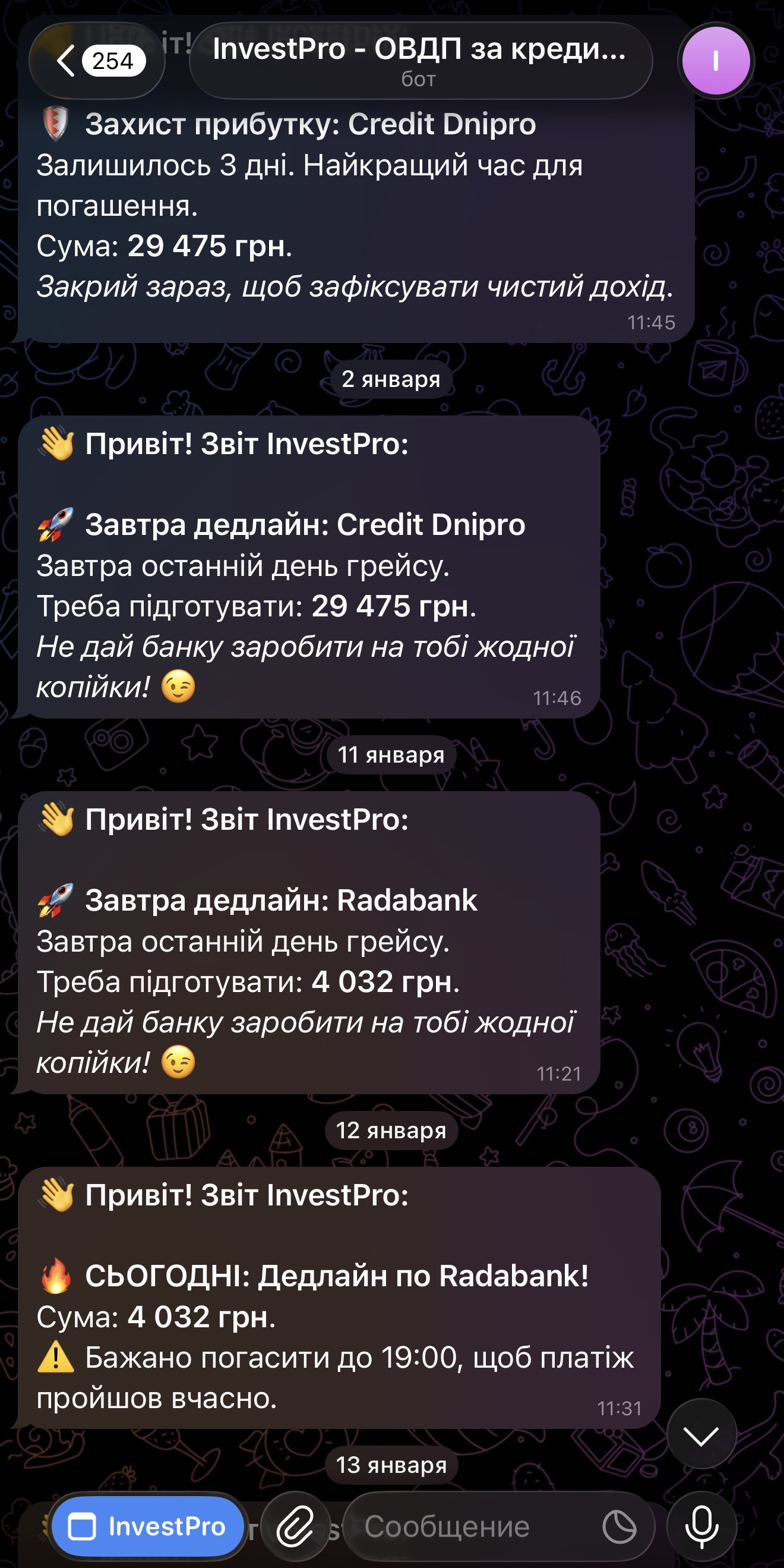Нагадування про грейс-період в Telegram